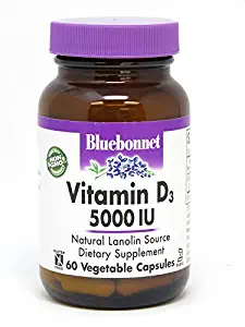 Bluebonnet Nutrition Vitamin D3 5000 IU Vegetable Capsule, Aids in Muscle & Skeletal Growth, Cholecalciferol from Lanolin, D3, Non GMO, Gluten Free, Soy Free, Milk Free, Kosher, 60 Vegetable Capsule