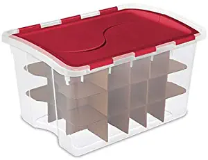 Sterilite 19096606 48 Qt Hinged Ornament Box, 6 pack, clear base, red lid
