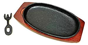 Cast Iron Steak or Fajita Plate with Wooden Holder and handle