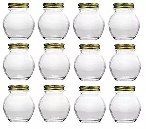 Nakpunar 12 pcs 6 oz Globe Glass Jars with Lids - Round, Spherical, Canning, Preserving, 8 oz Honey (6 oz, Gold)