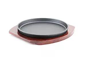 Round Shape Personal Cast Iron Steak Plate Sizzle Griddle with Wooden Base Steak Pan Grill Fajita Server Plate Restaurant or Home Use (8.75" Diameter)